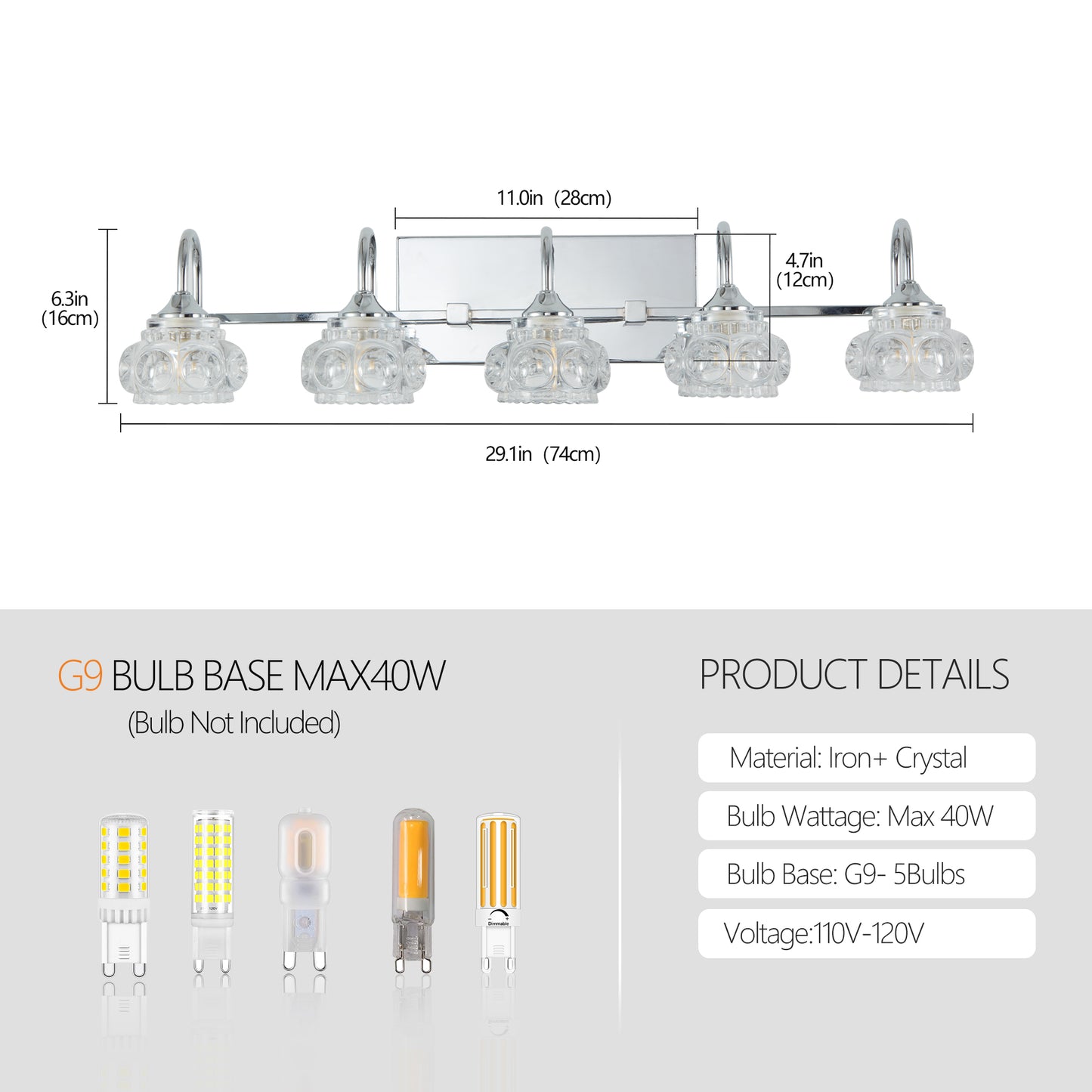 Nickel Finish Vintage Crystal Vanity Light - 5-Light Bathroom Fixture with Glass Shades