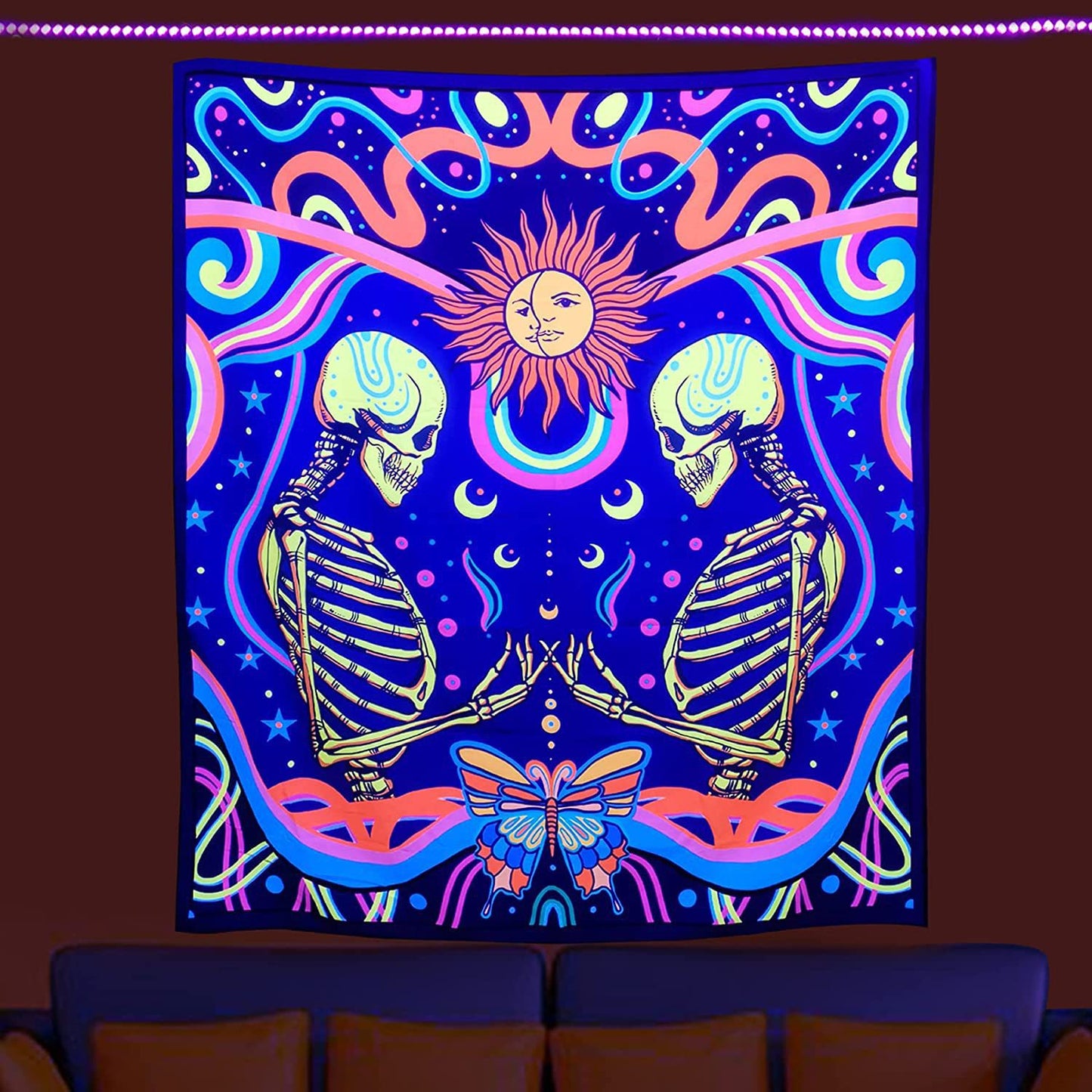 UV Fluorescent Tapestry Skull Flower Eye Design Modern Wall Art