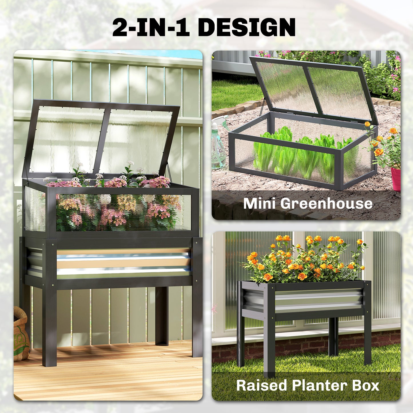 Raised Garden Bed with Flip-Up Greenhouse - Elevated Planter Box, Gray, 980x540x145mm