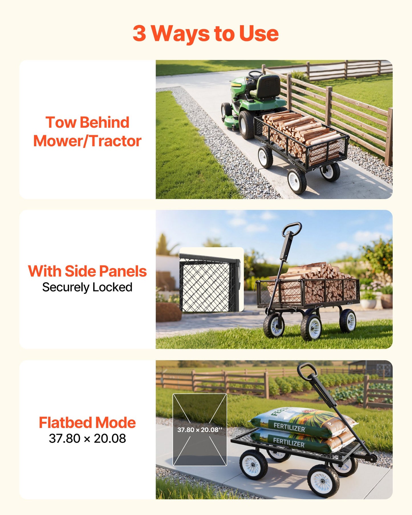 Heavy Duty Garden Cart with Detachable Side Panels and 10-Inch Tires - Black