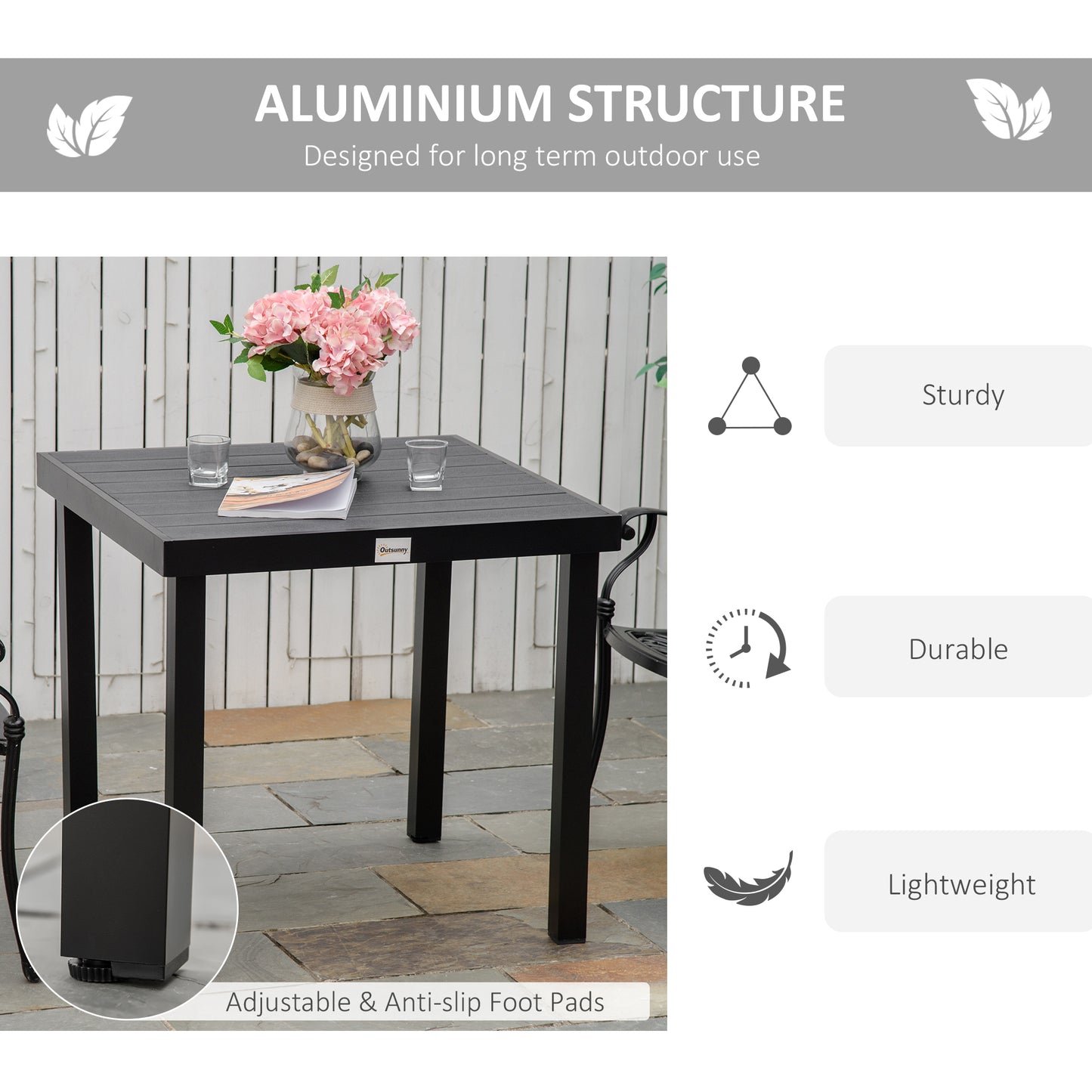 Outdoor Dining Table for 4 - Rectangular Aluminum Black