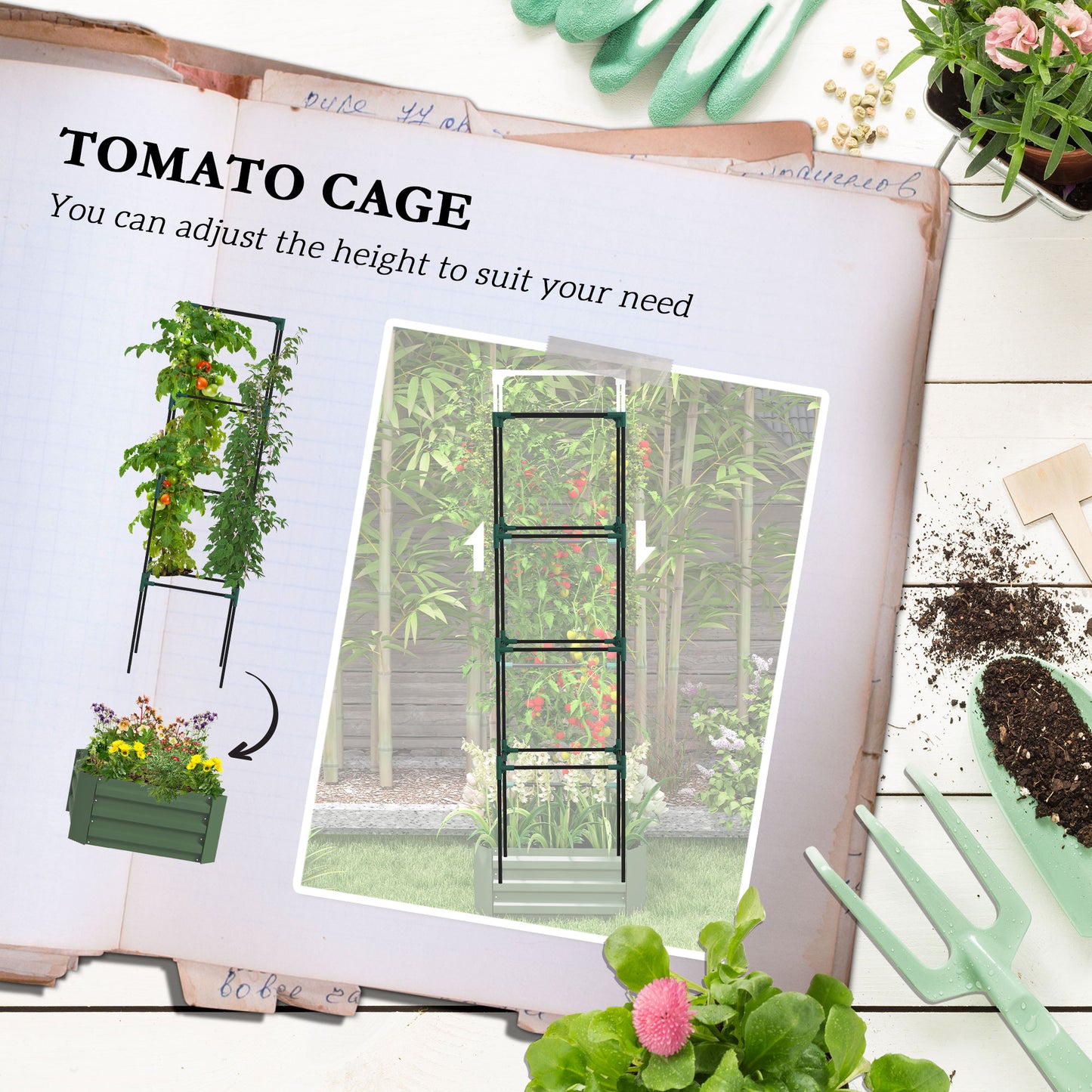 Galvanized Raised Garden Bed with Tomato Cage - 24x24x73.5 Inches, Green