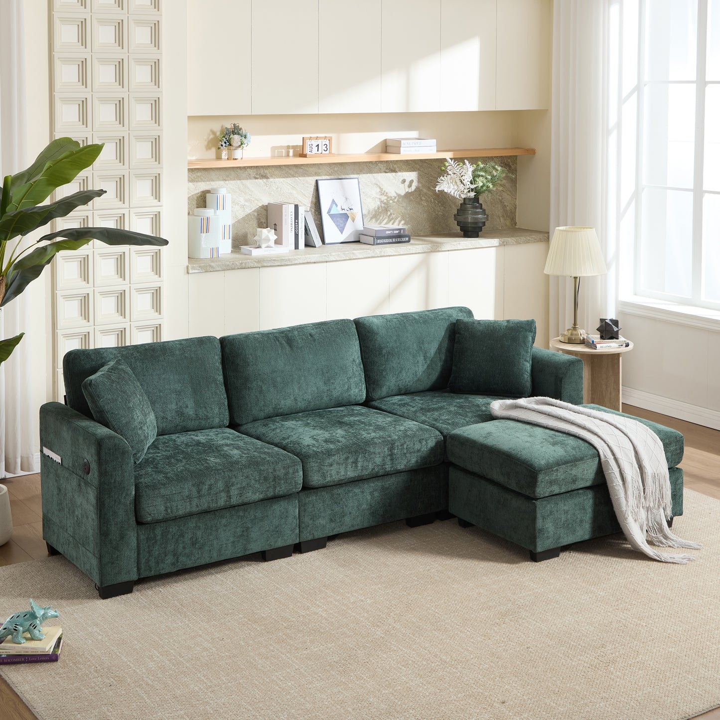 Modern L-Shaped Storage Sofa with USB Ports & Ottoman - Green
