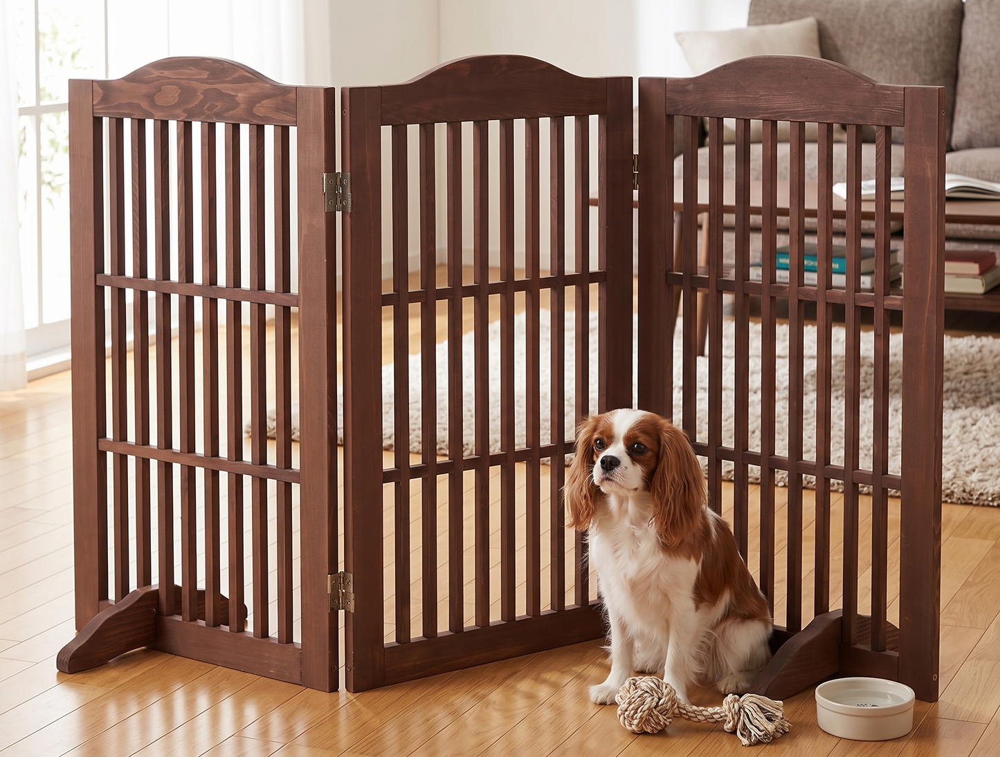 Wooden Foldable Pet Gate for Dogs - 30 Inch 3 Panels, Freestanding Doorway Fence, Brown