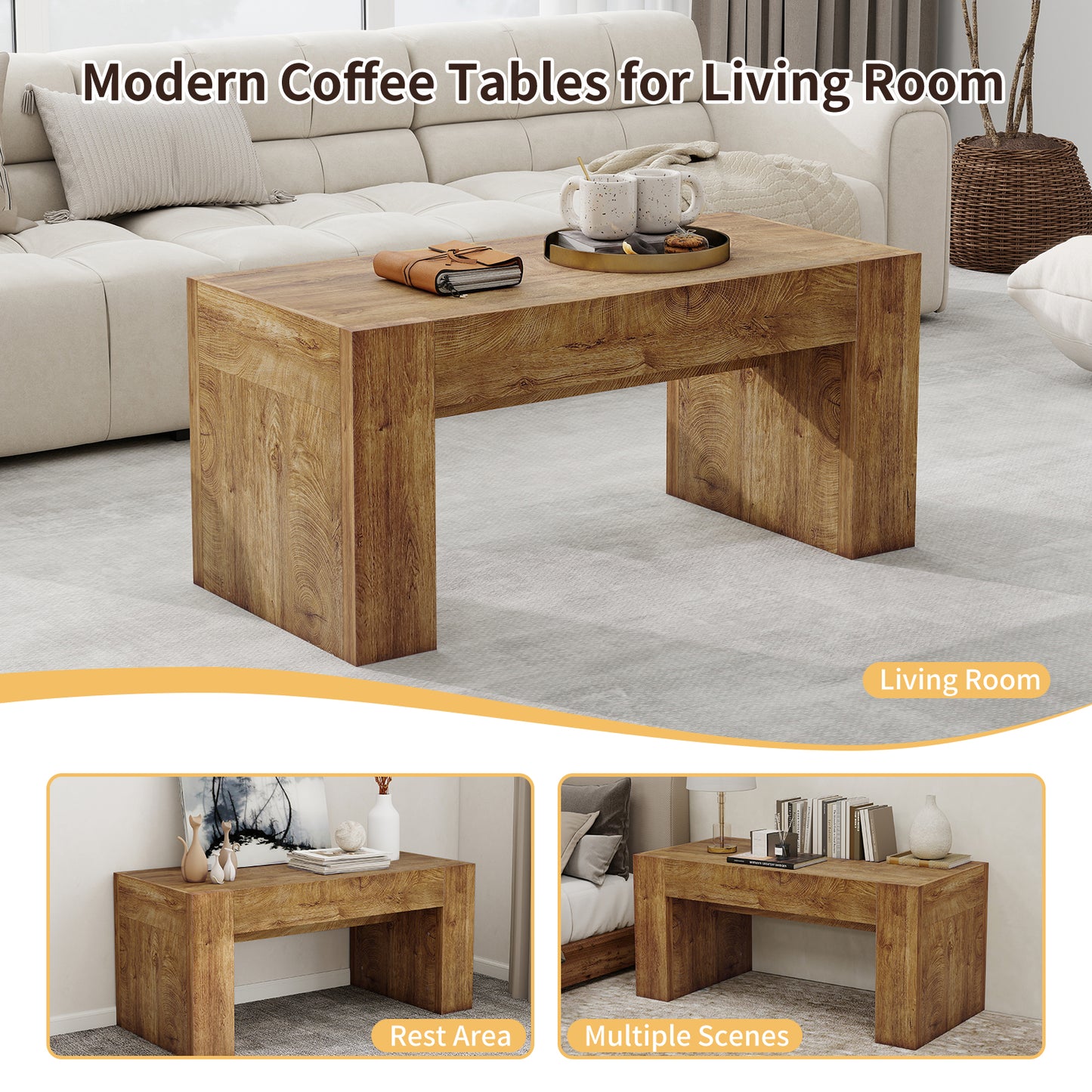 48 Farmhouse Coffee Table, Rectangle Wooden Center Table With Hidden