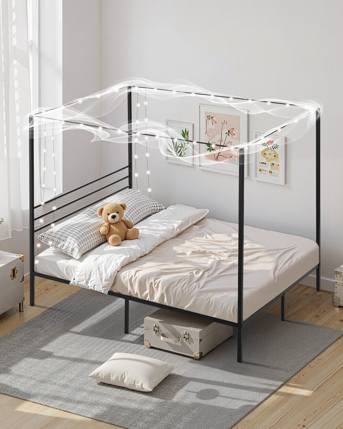 Queen Size Metal Canopy Bed Frame with Four Posters, Heavy Duty Steel Slats, Underbed Storage, Easy Assembly, Black