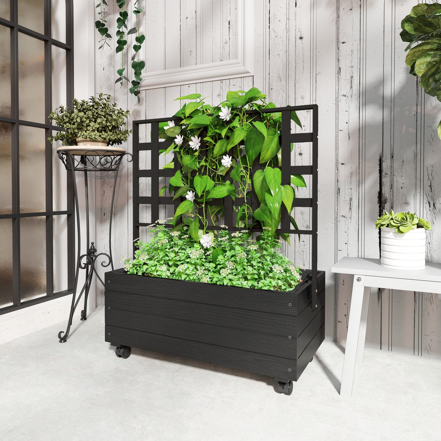 Raised Garden Bed With Trellis And Wheels, Outdoor Planter Wooden