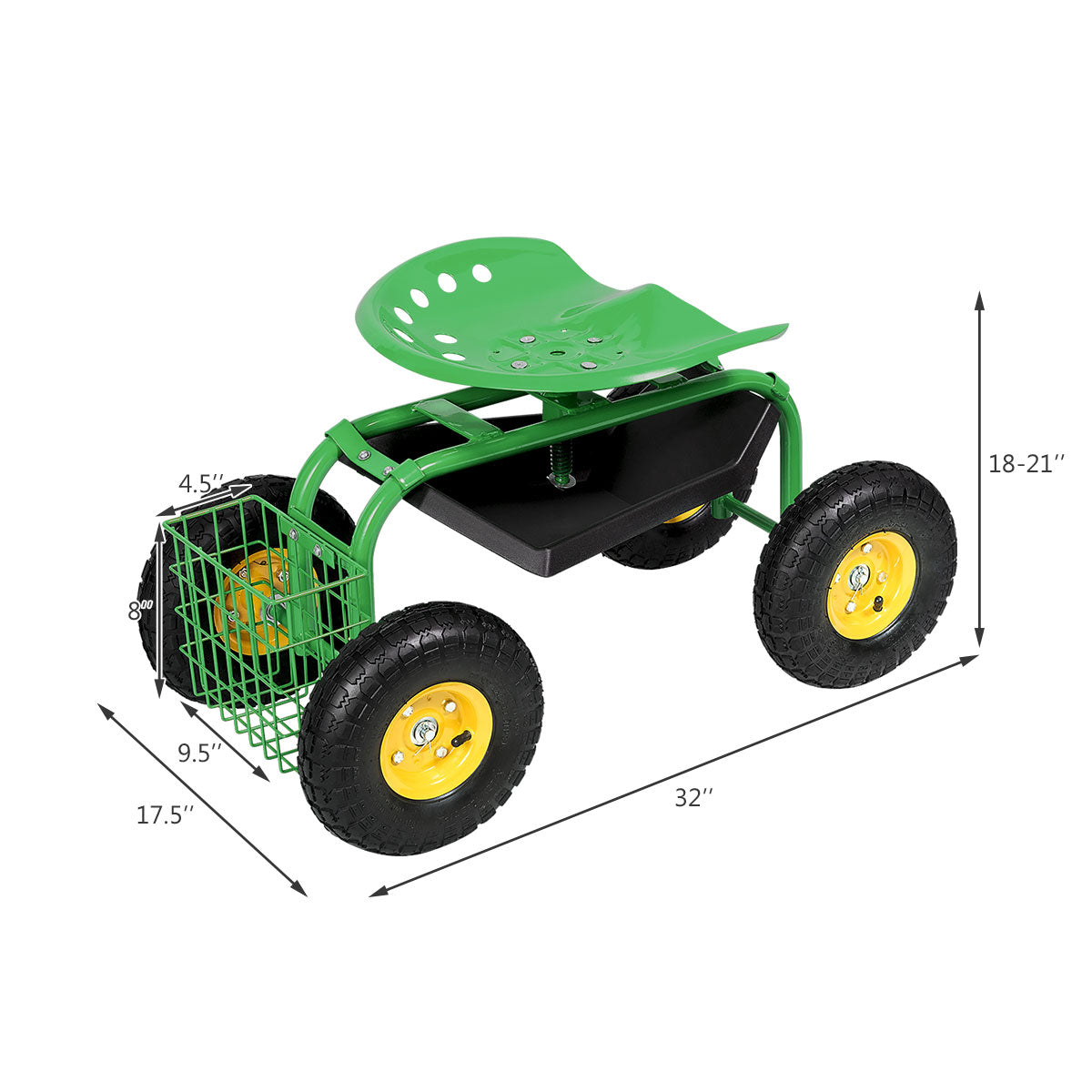 Heavy Duty Rolling Garden Cart with Tool Tray - Green