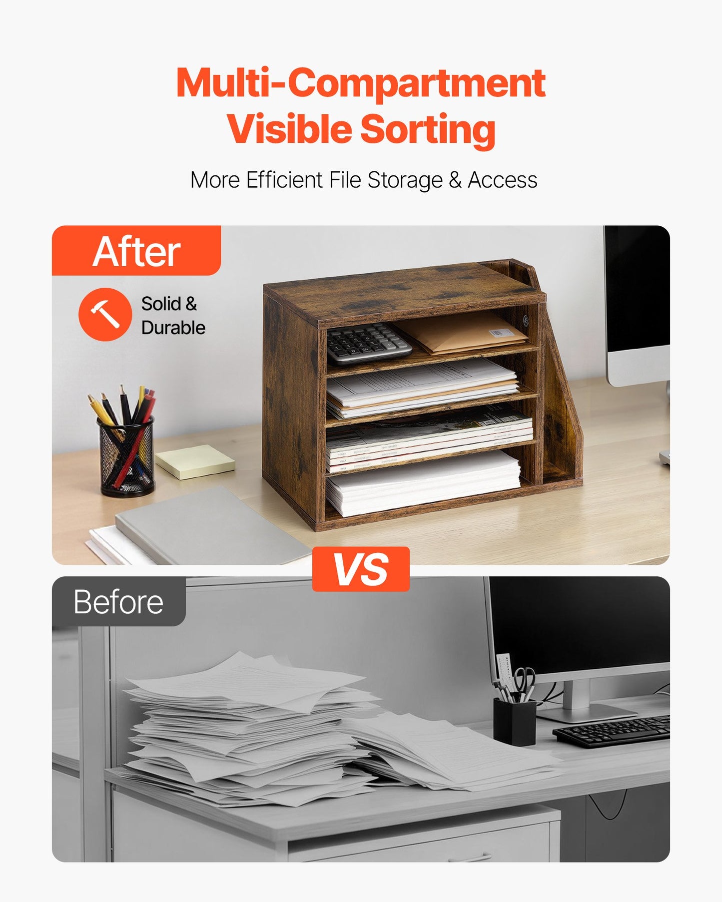 Wooden Literature Organizer with 4 Compartments and Side Storage - Office Desk File and Document Organizer