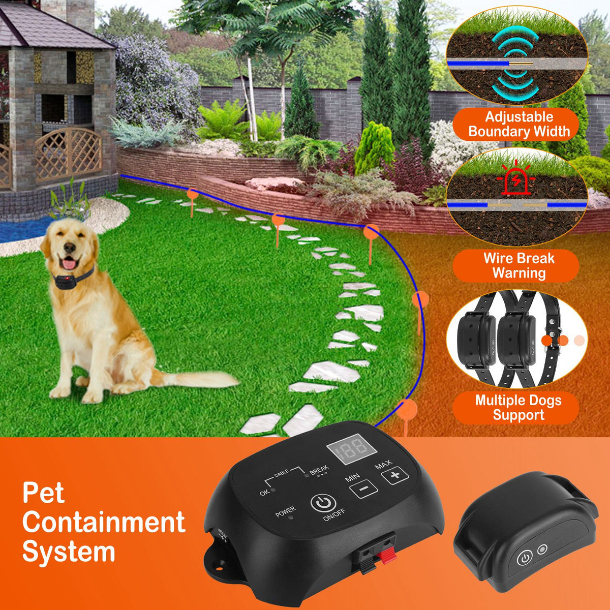 Dog Fence System with Adjustable Containment Collar IPX7 Waterproof Rechargeable