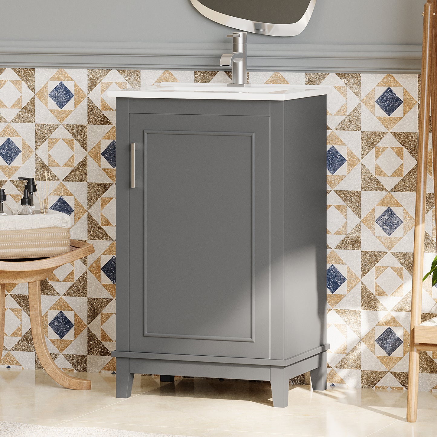 20 Inch Modern Bathroom Vanity Cabinet with Ceramic Basin - Gray