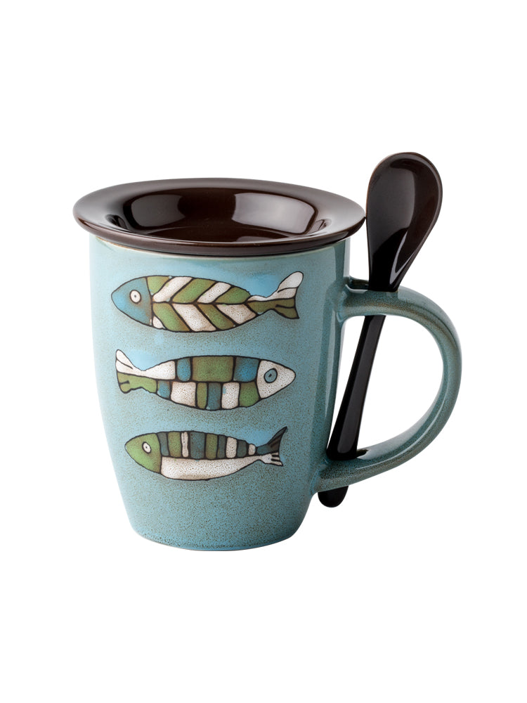 Ceramic Fish Pattern Coffee Cup with Lid and Spoon - 350mL Blue
