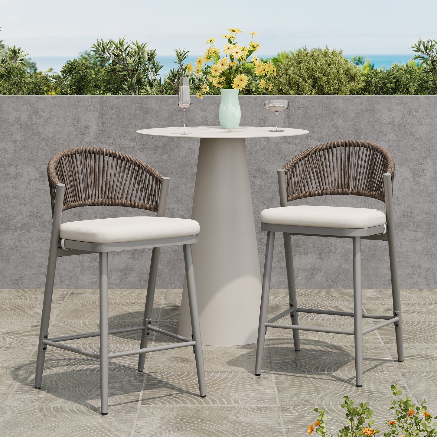 Outdoor 26 Seat Height Metal Frame Counter Stools With PE Rattan