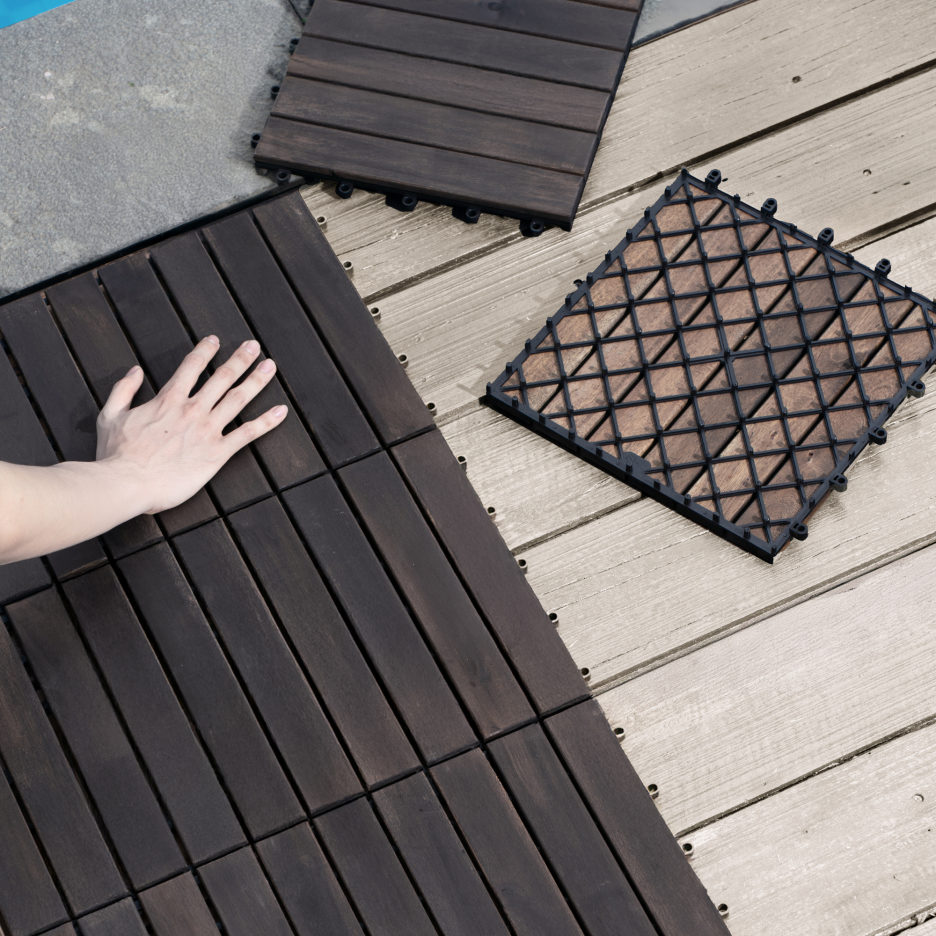 Interlocking Deck Tiles 12x12 Inch Dark Brown Acacia Hardwood Outdoor Flooring - Waterproof & Mold Resistant