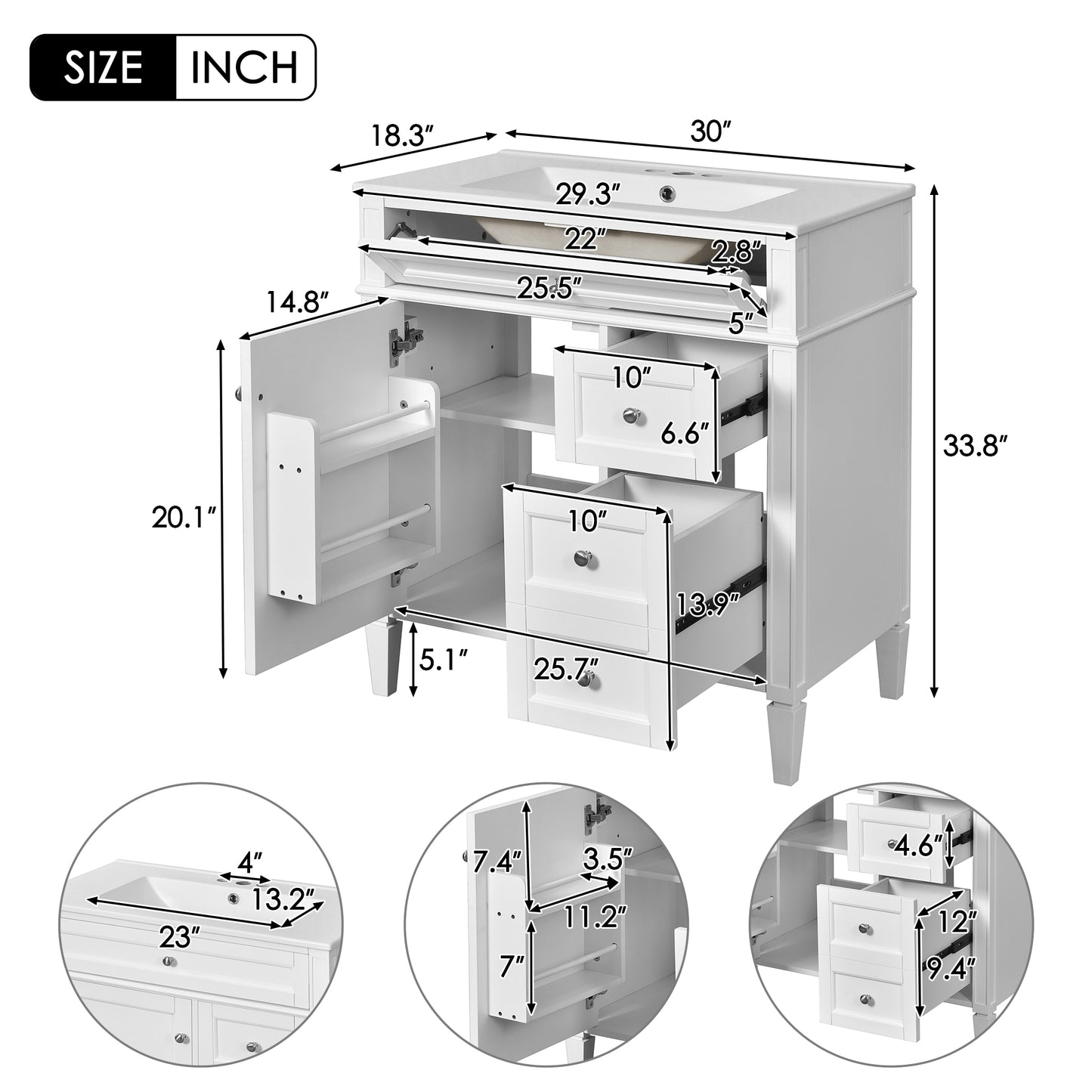 30'' Modern Bathroom Vanity with Sink & Mirror Cabinet - White
