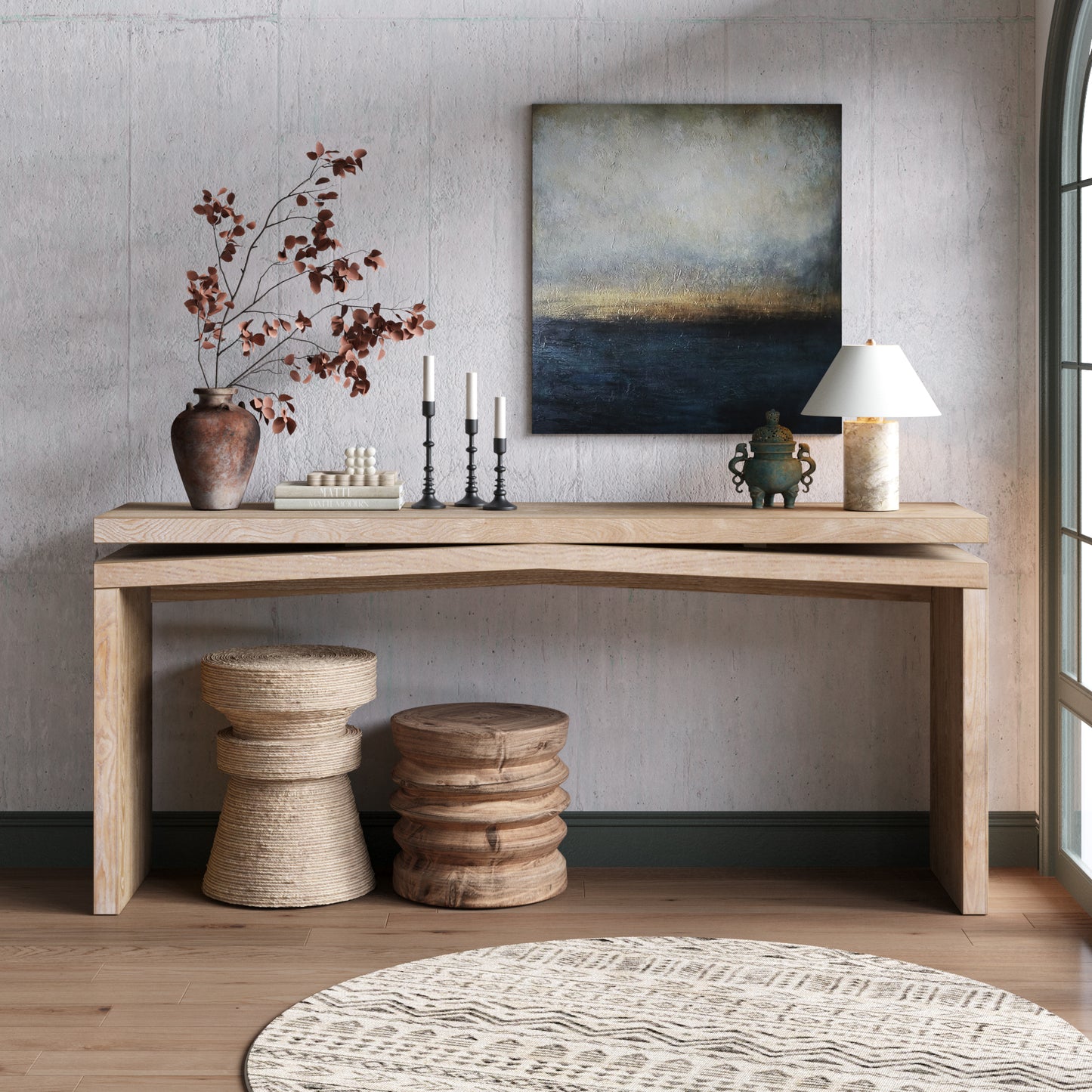 65-Inch Rustic Solid Wood Veneer Console Table - Antique Natural