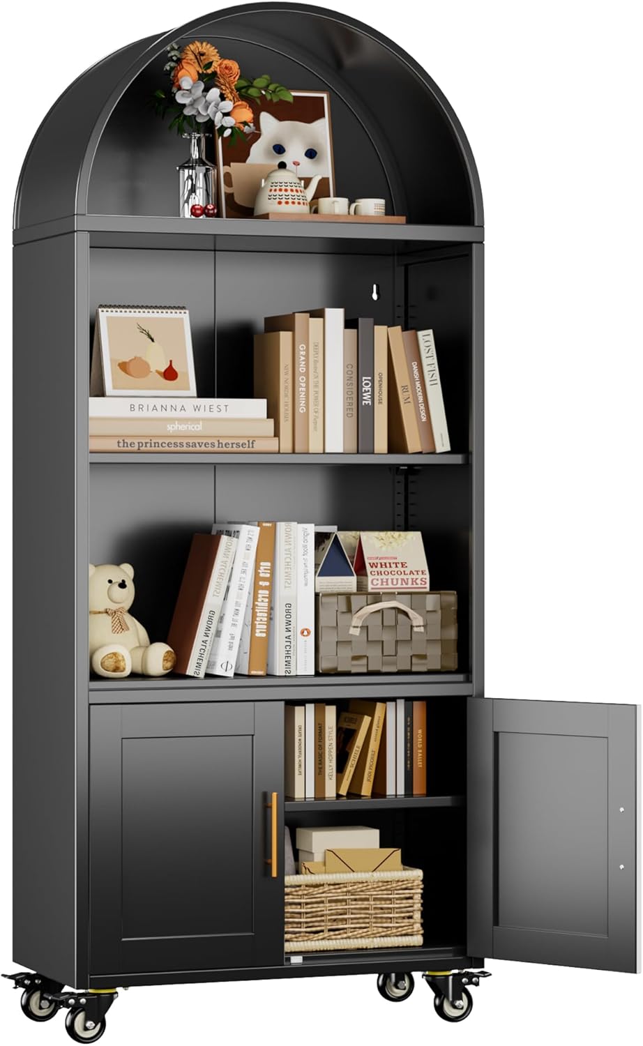 Metal Arched Bookcase with Wheels - Modern Black Storage Cabinet