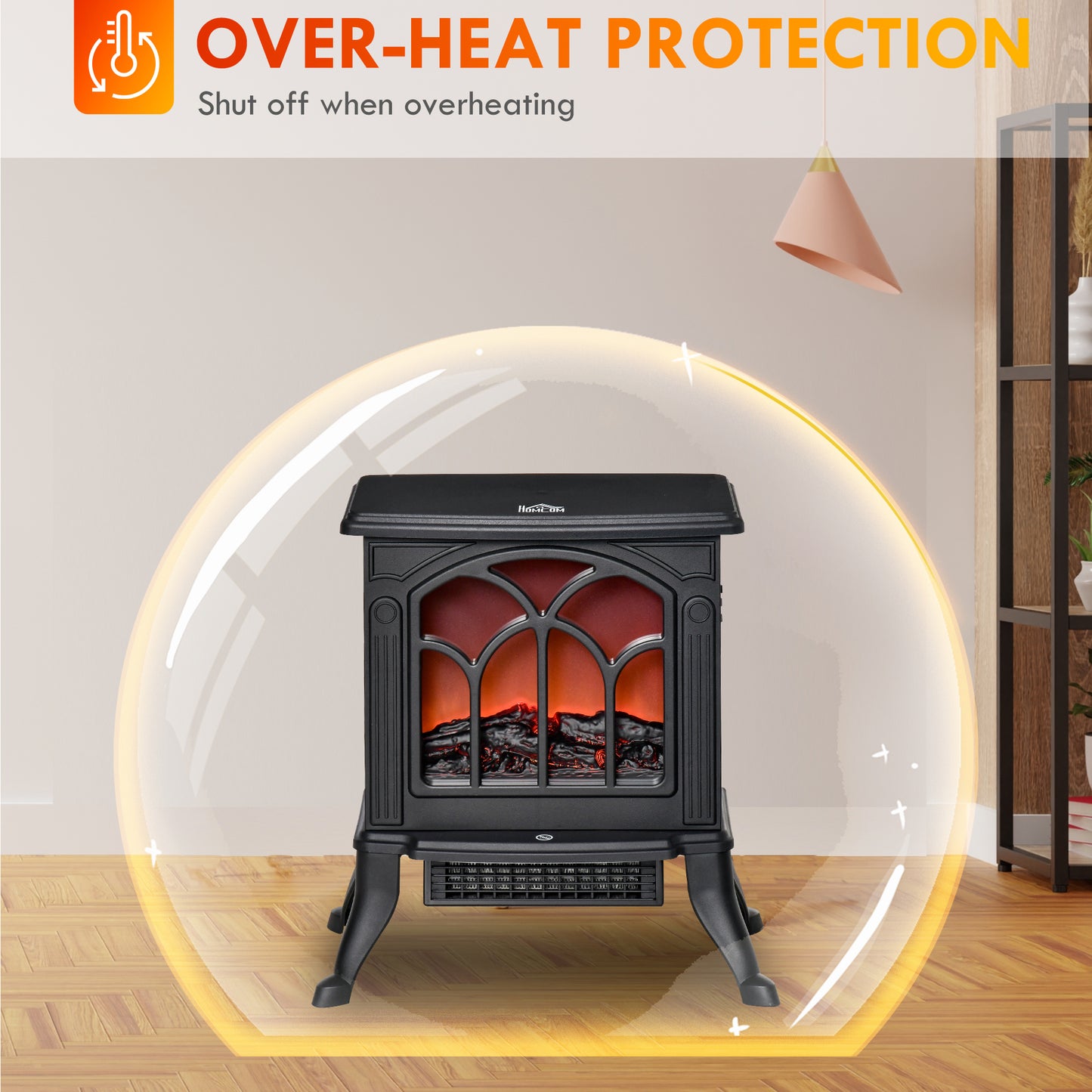 Electric Fireplace Heater with Realistic Logs & Flame Effect, Freestanding, 750W/1500W, Black
