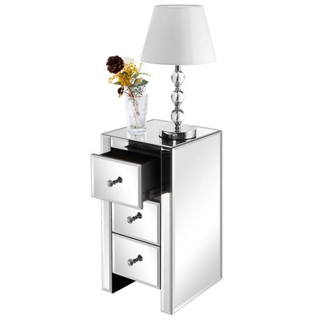 Mirrored Glass Bedside Table with 3 Drawers - Silver