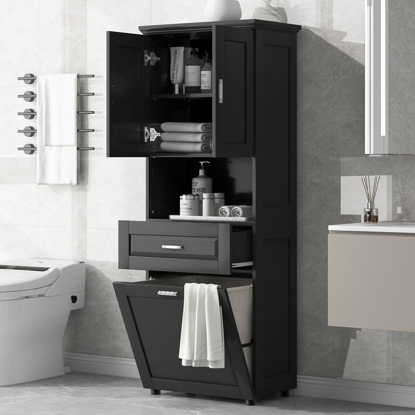 Tall Bathroom Cabinet with Laundry Basket - Black Storage Unit