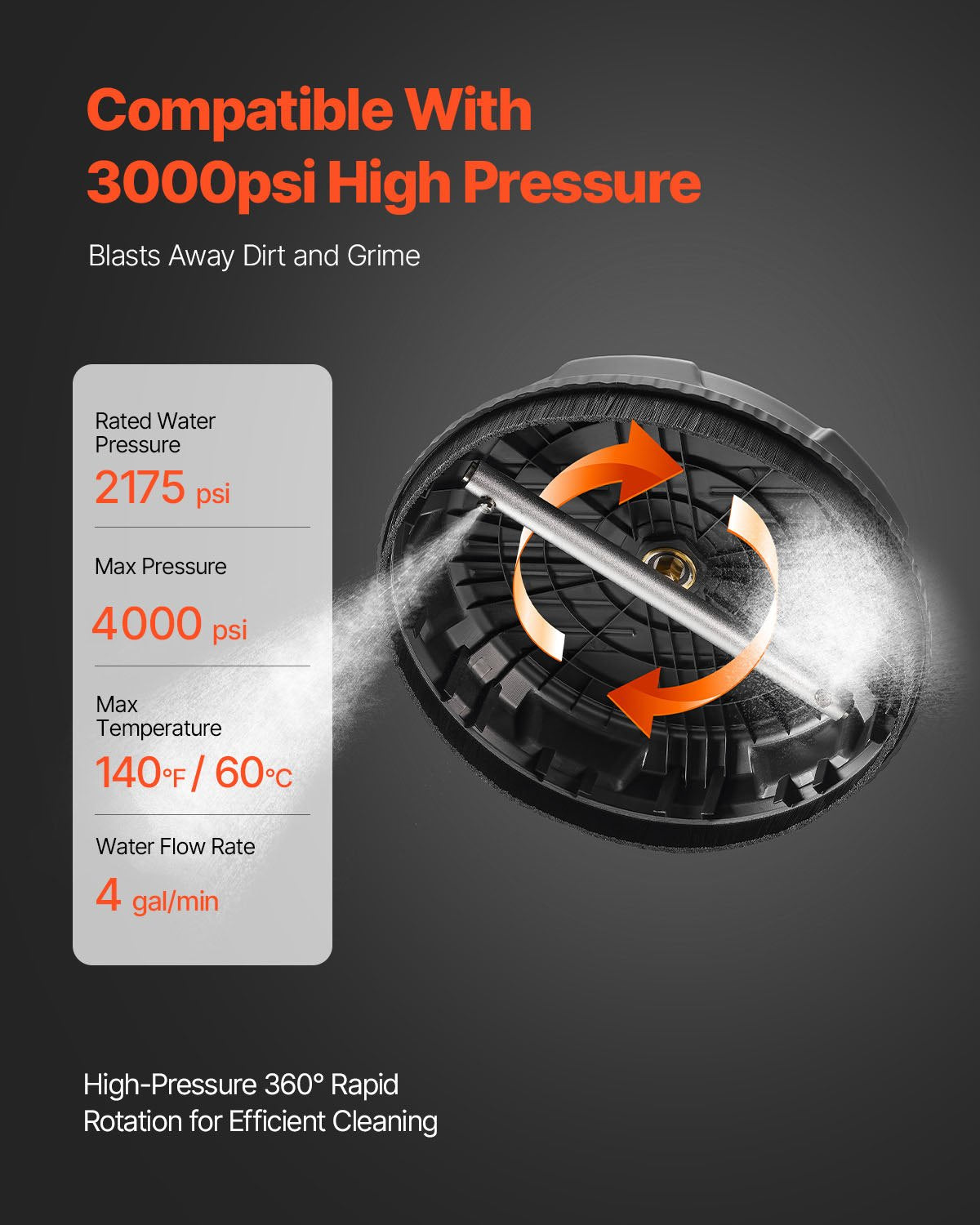 15-Inch Pressure Washer Surface Cleaner 3000 PSI with 4 Wheels - Black