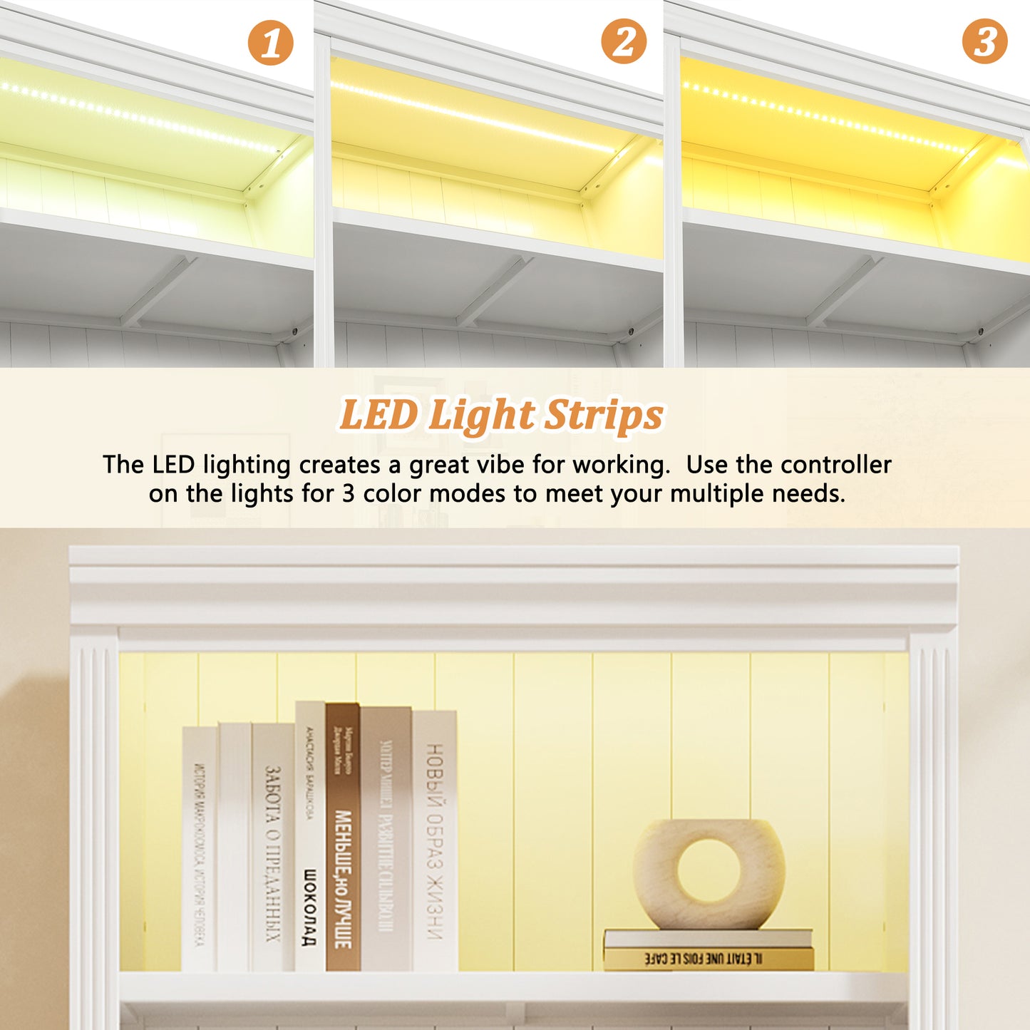 83 Tall Wood Bookcase Suite With Light Strip ,5-Tier Decor Adjustable