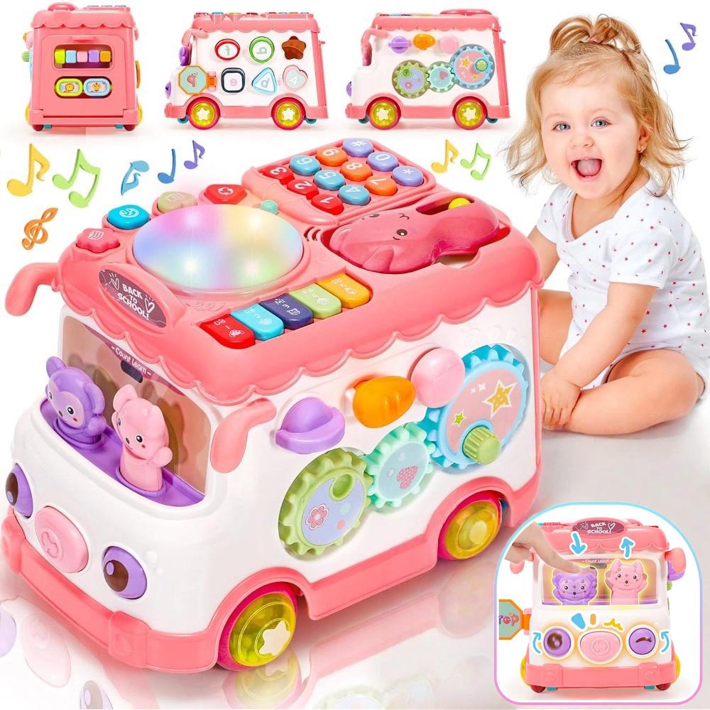 Baby Activity Bus Toy Set 6-in-1 Musical Learning Playset with Car & Building Blocks
