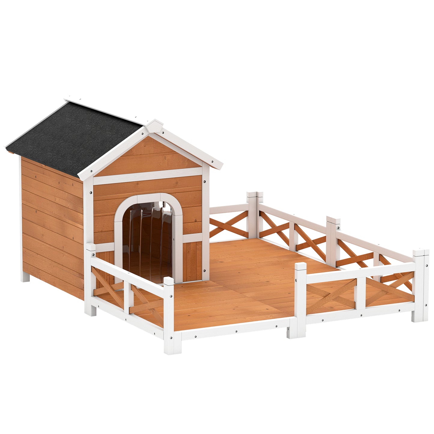 Outdoor Wooden Dog House with Porch, Weatherproof Roof & Removable Floor