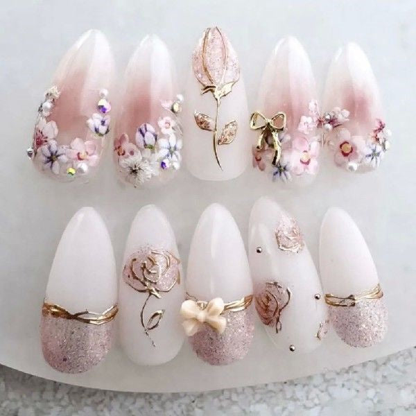 24Pcs Long Almond False Nail Set with Flowers for Manicure - W1997 Style