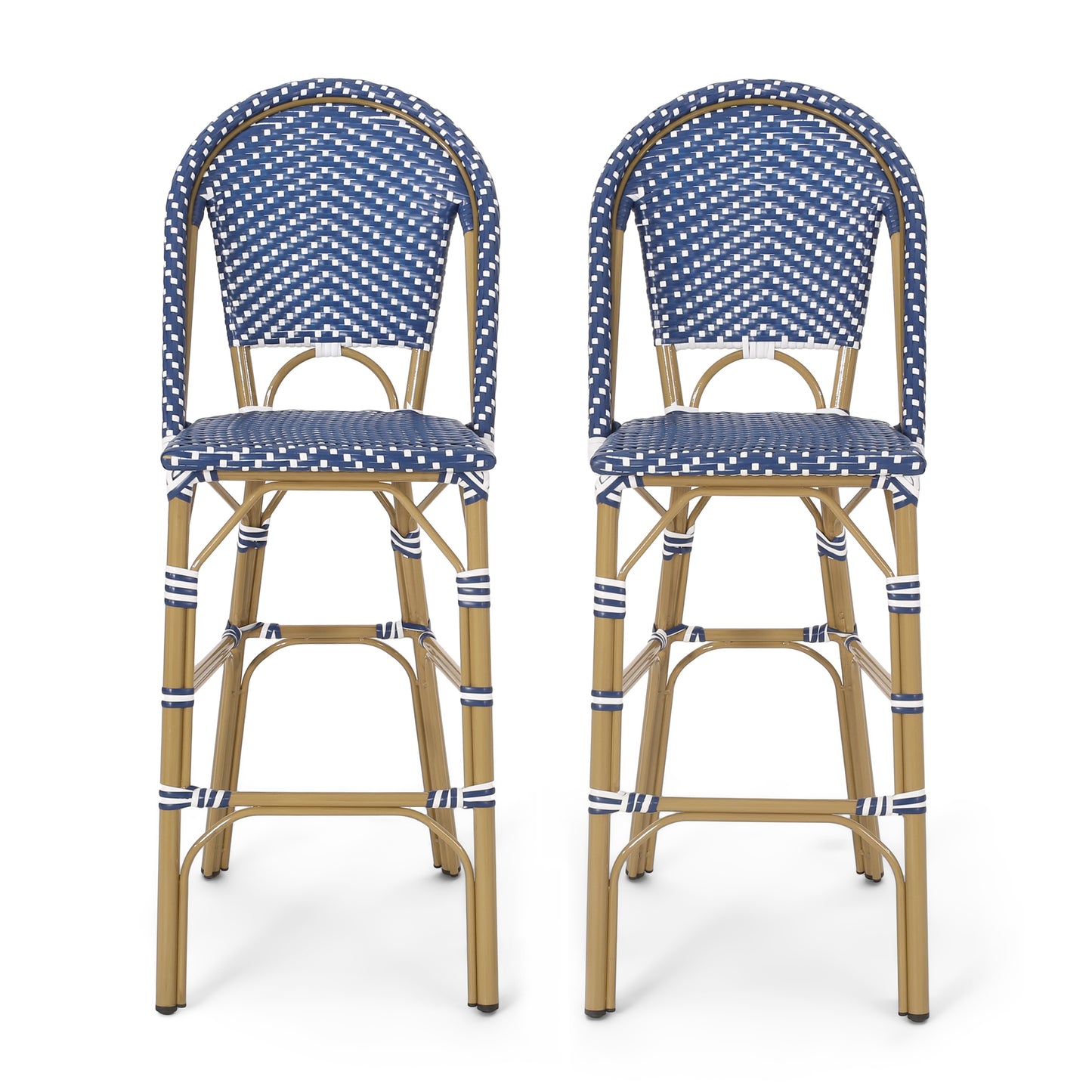 29.5 Outdoor PE Rattan French Barstool, Dark Teal And White, Aluminum