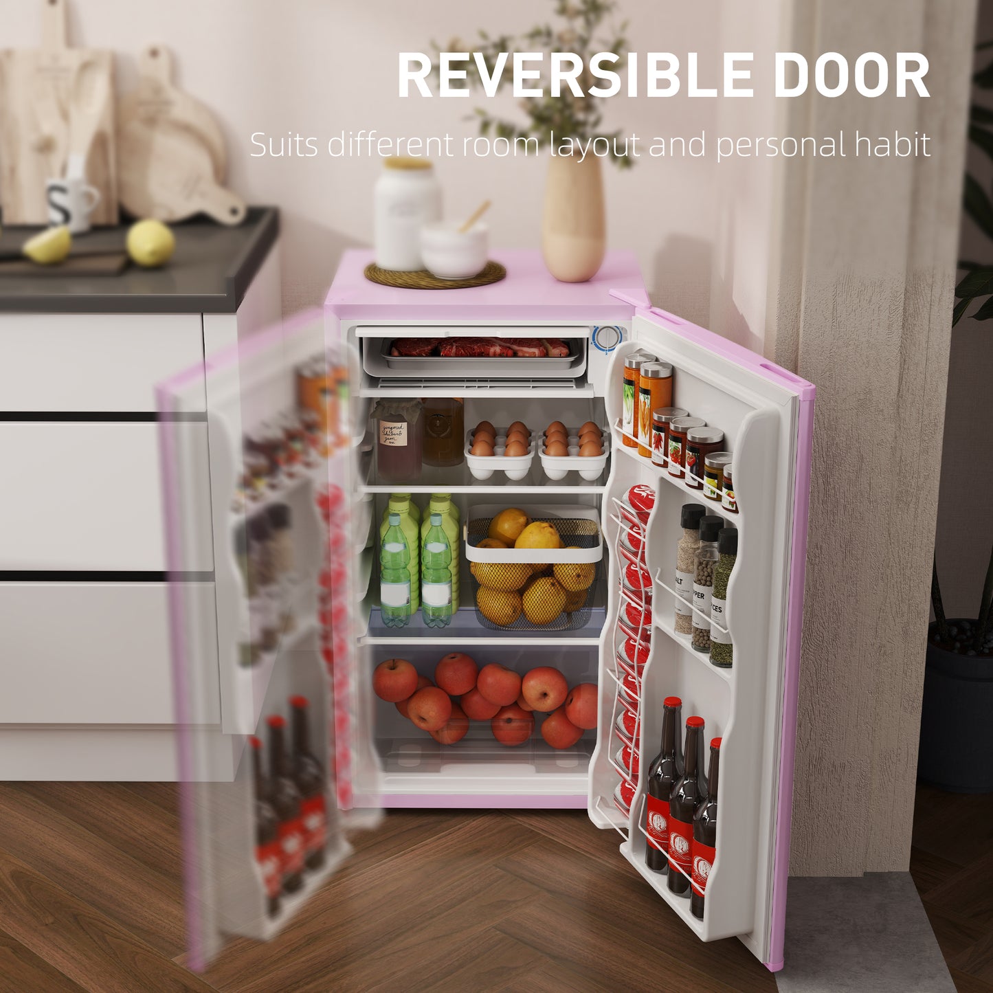 Pink Mini Fridge with Freezer, 3.2 Cu Ft Compact Refrigerator, Reversible Door