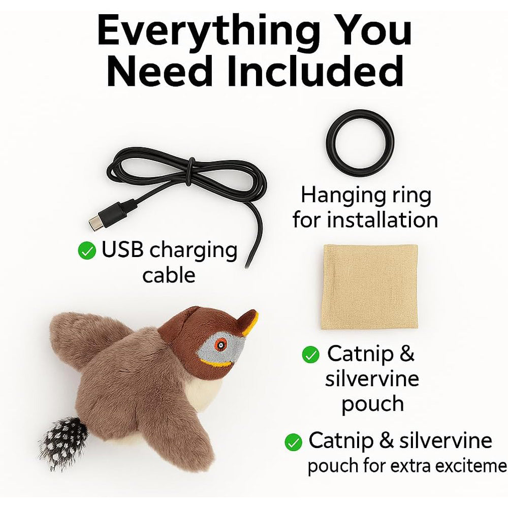 USB Rechargeable Flapping Bird Cat Toy with Chirping & Motion Sensor - Interactive Plush Plaything