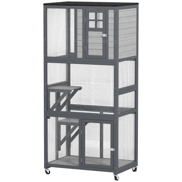 Pet Cat Stairs Climbing Tower with Roofed House and Wheels - Gray