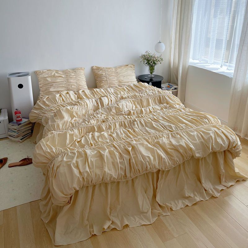 Handmade Bubble Pleated Cotton Bedding Set 4-Piece Modern Style Cream Yellow