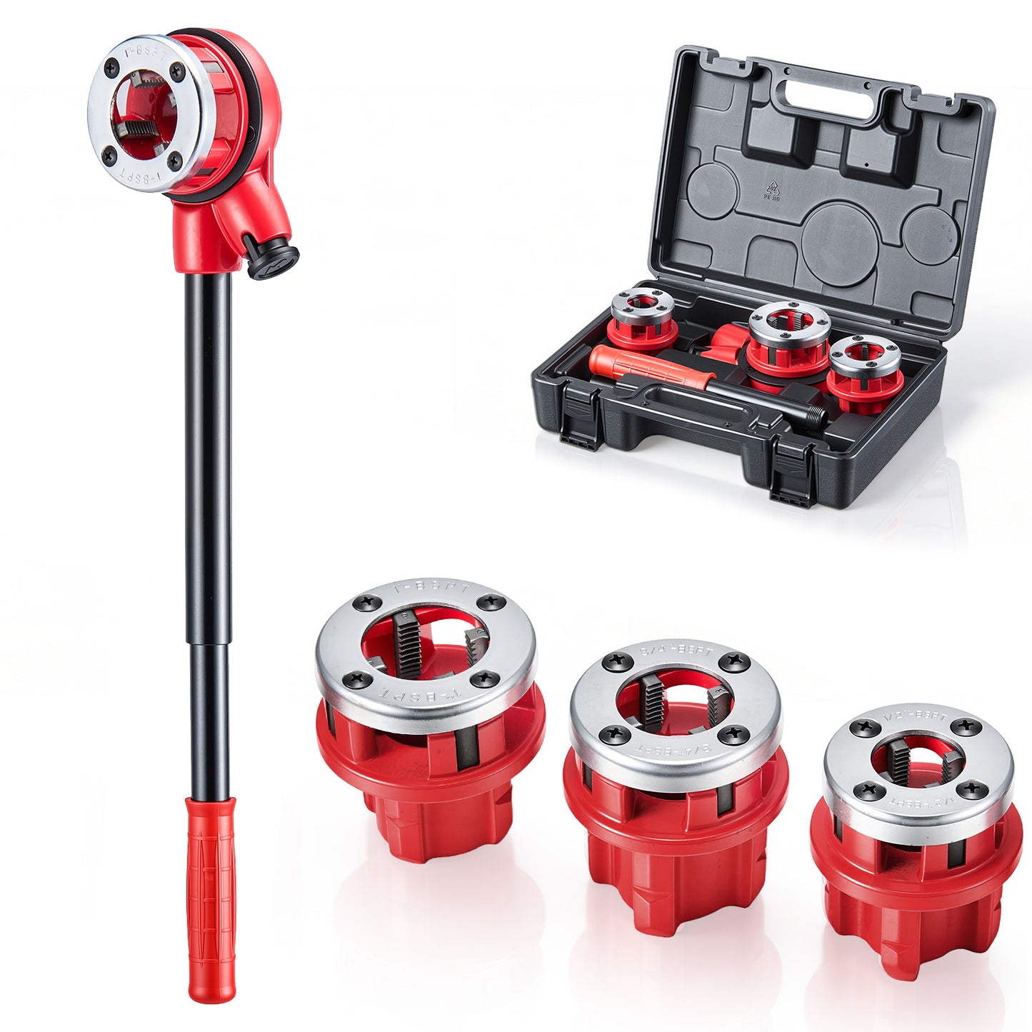 Pipe Threader Kit with 3 Dies 1/2, 3/4, 1 Inch BSPT Manual Plumbing Tool Set