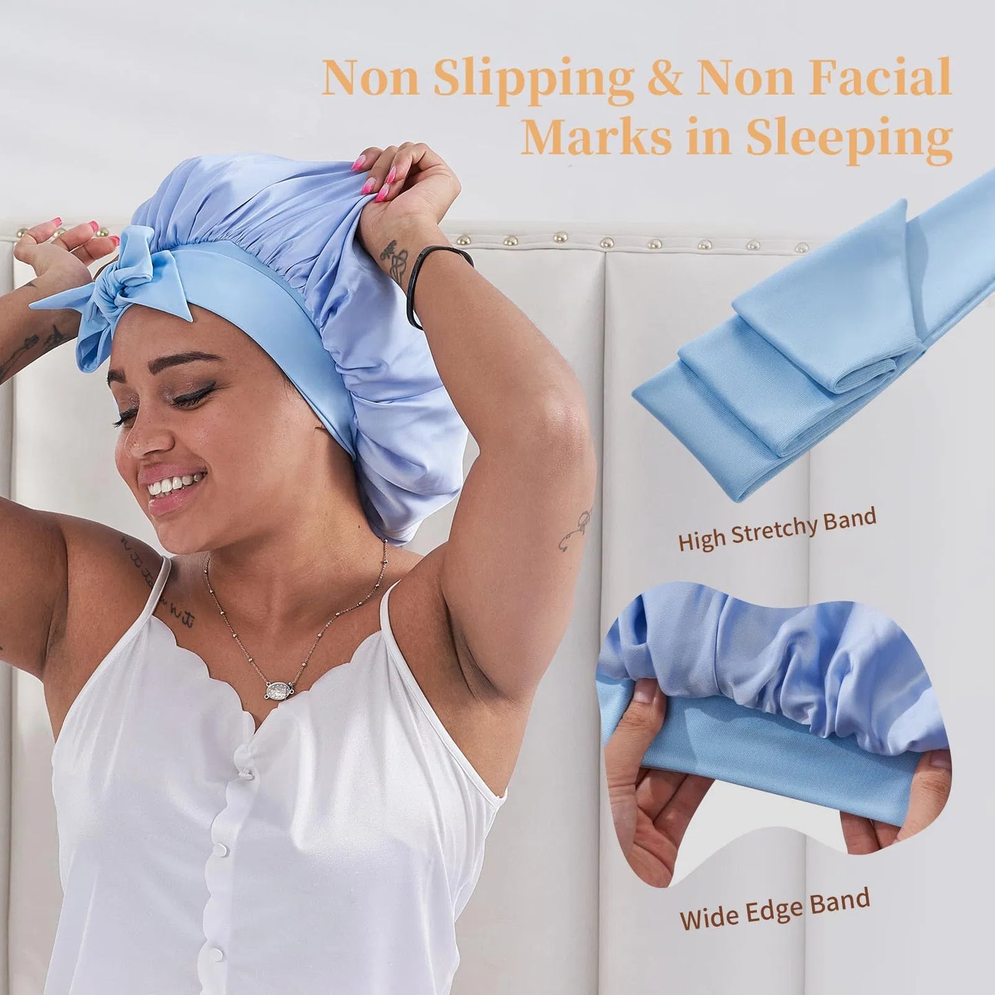 Adjustable Satin Hair Bonnet for Sleeping - Reversible Blue Silk Wrap