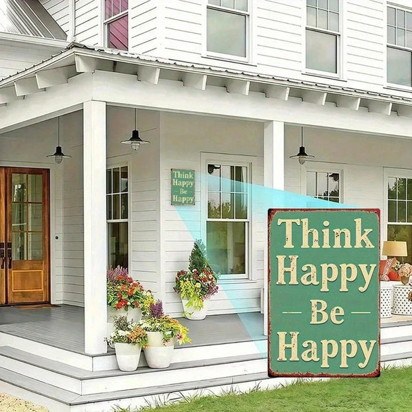 Vintage Metal Wall Art Sign - Think Happy Be Happy, 8x12 Inch