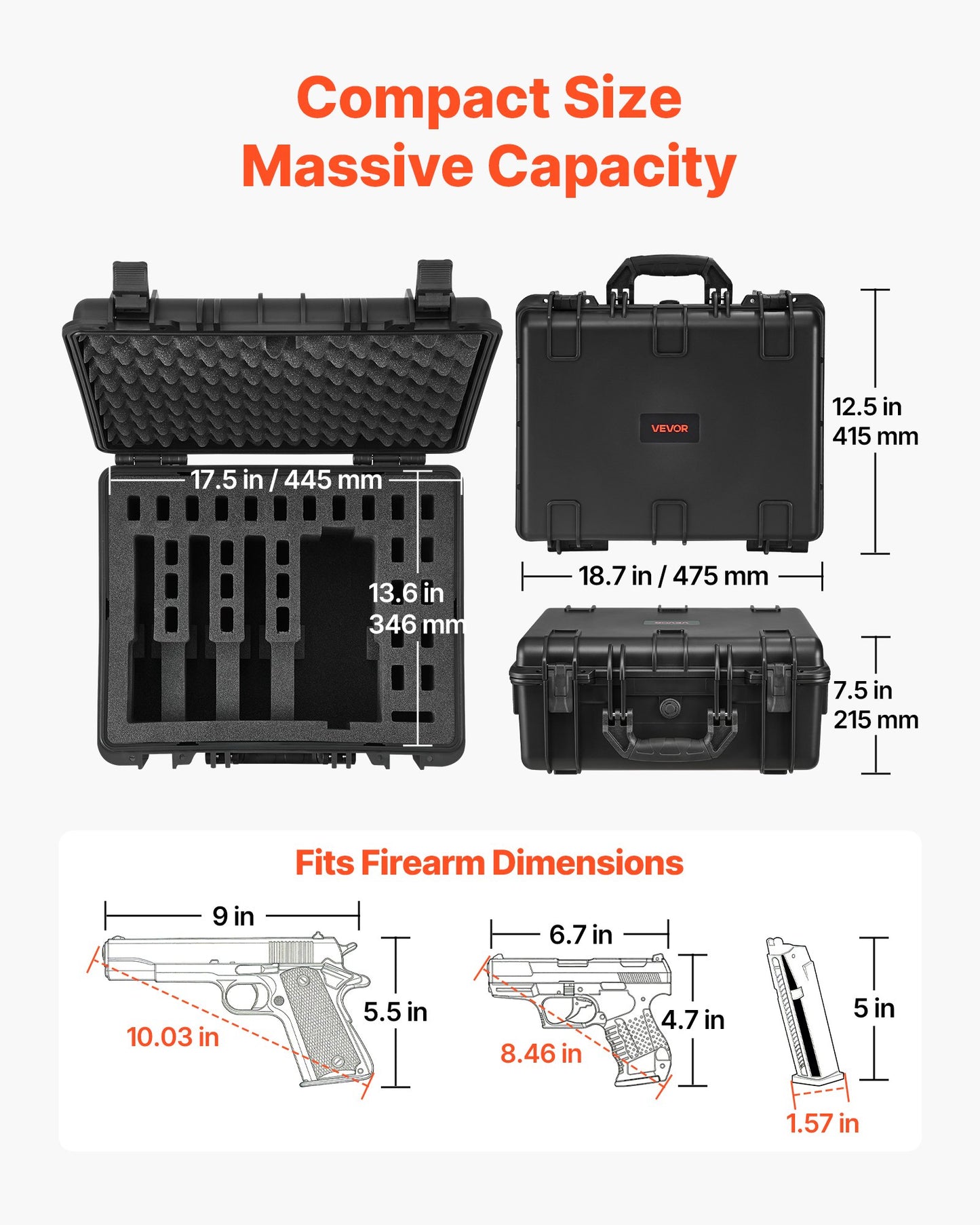Heavy Duty Waterproof Gun Case with Foam Interior, TSA Approved, Black - 18.7x12.5x7.5 in