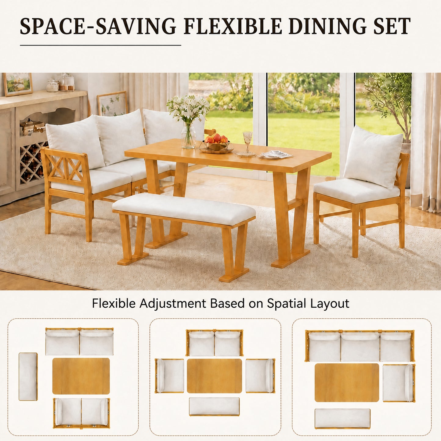 Farmhouse Solid Wood Kitchen Nook Dining Set for 6 - Natural & White