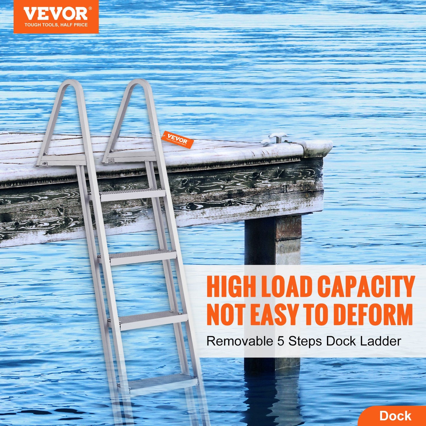 Removable Aluminum Dock Ladder with 5 NonSlip Steps - 350 Lb Capacity, Silver