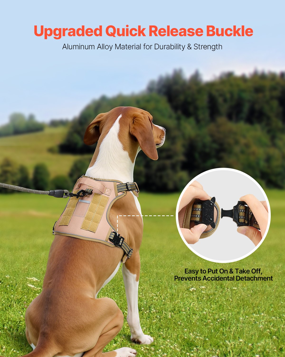 No Pull Tactical Dog Harness for Large Dogs - Adjustable Khaki Vest