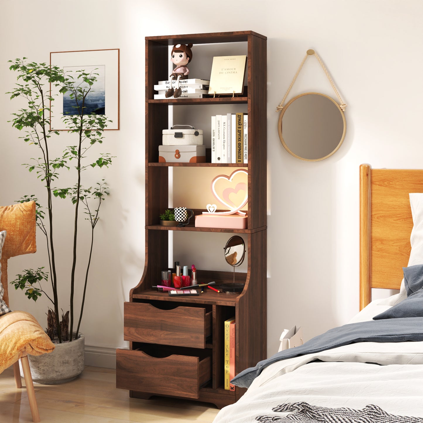 Night Stand with Bookshelf and 2 Storage Drawers - Walnut