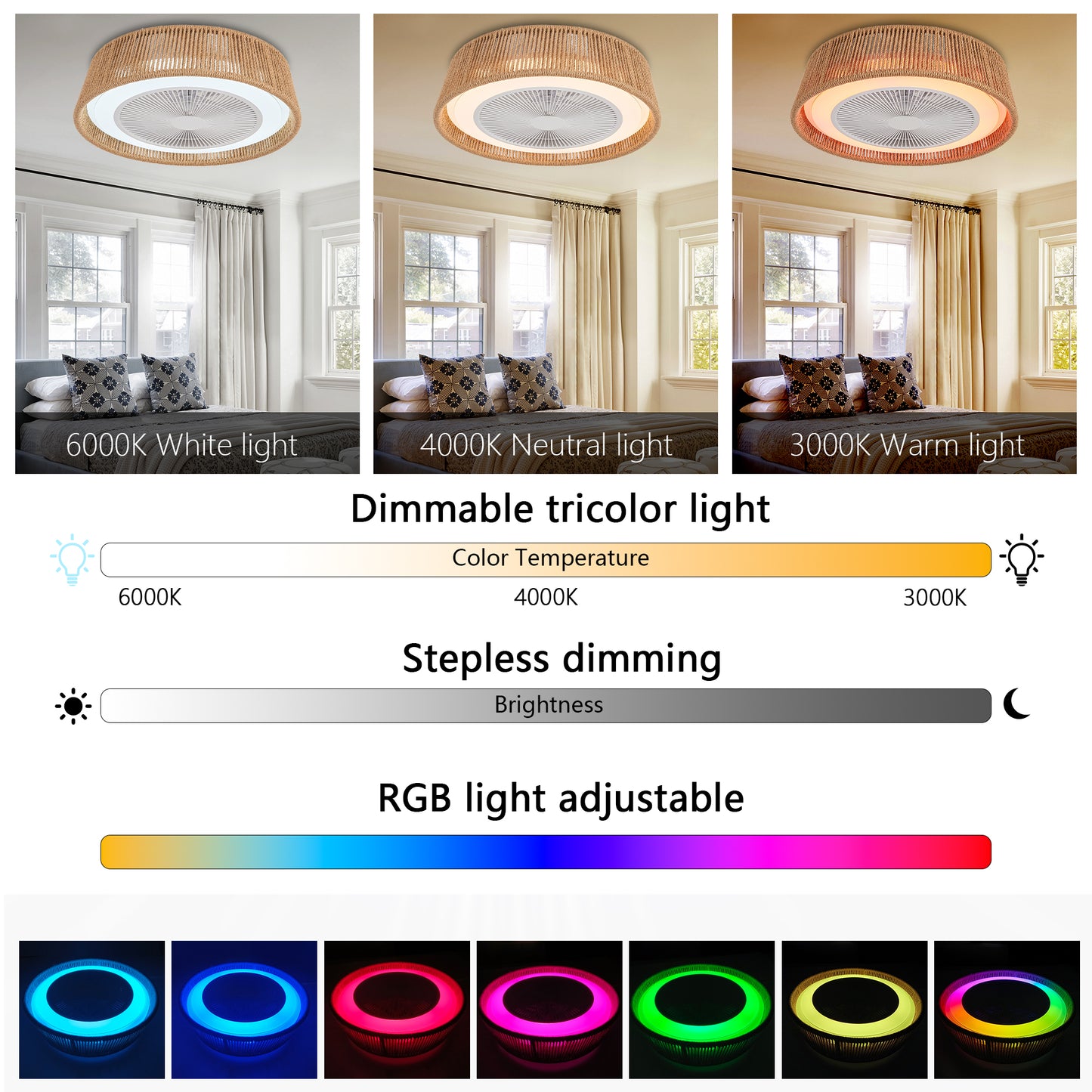 Modern Rustic Ceiling Fan Light with LED RGB Mood Lighting