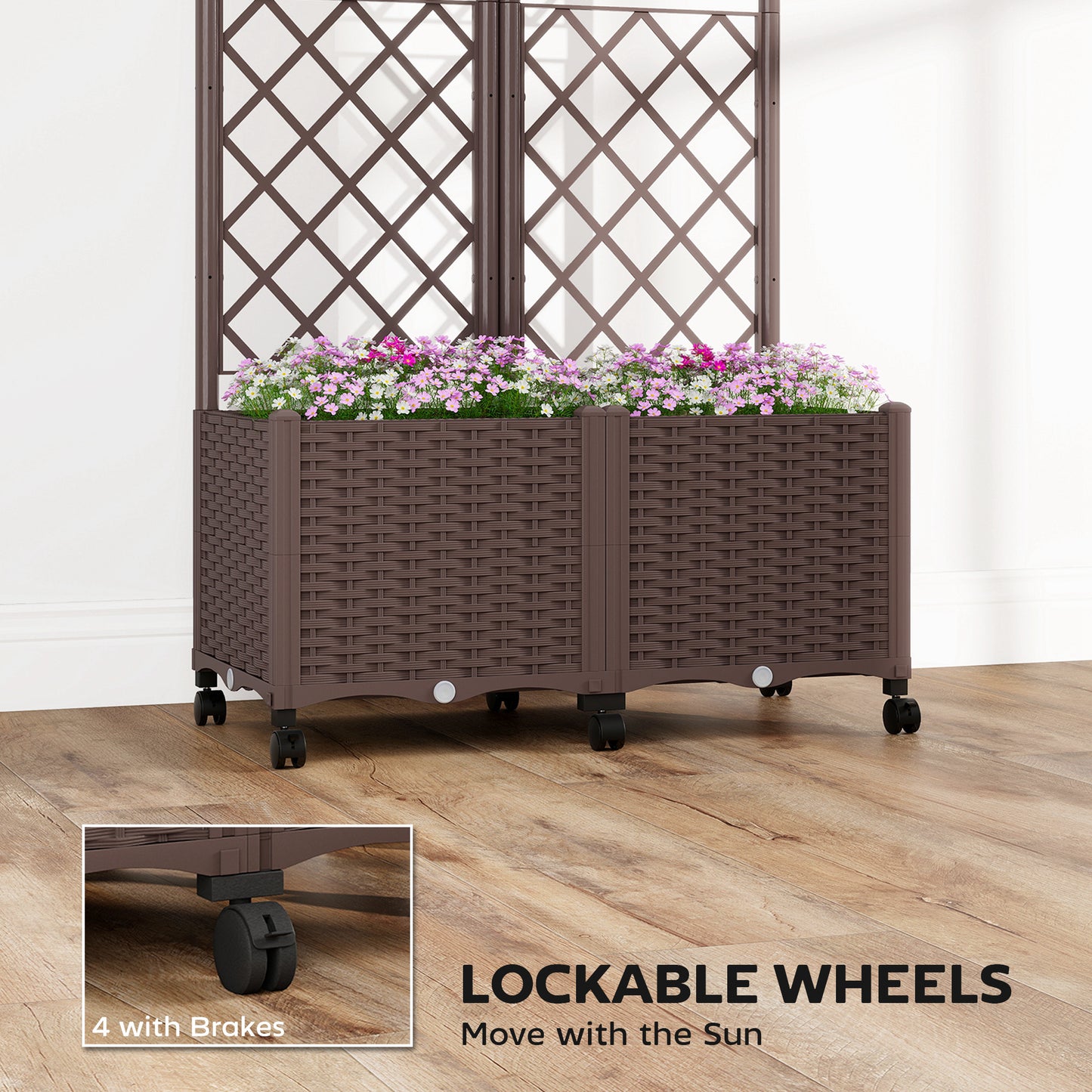 Self Watering Raised Garden Bed with Trellis and Lockable Wheels Brown 510x610mm