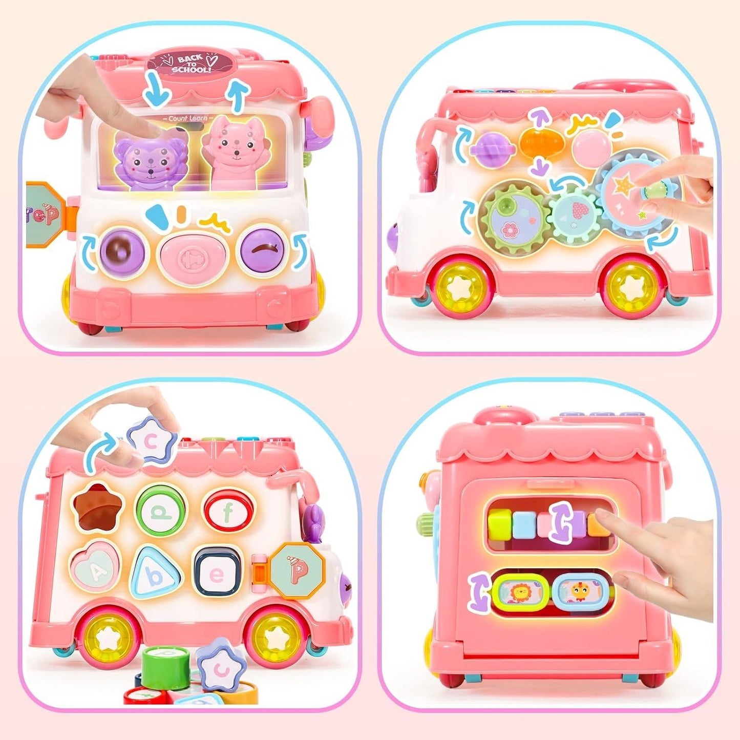 Baby Activity Bus Toy Set 6-in-1 Musical Learning Playset with Car & Building Blocks