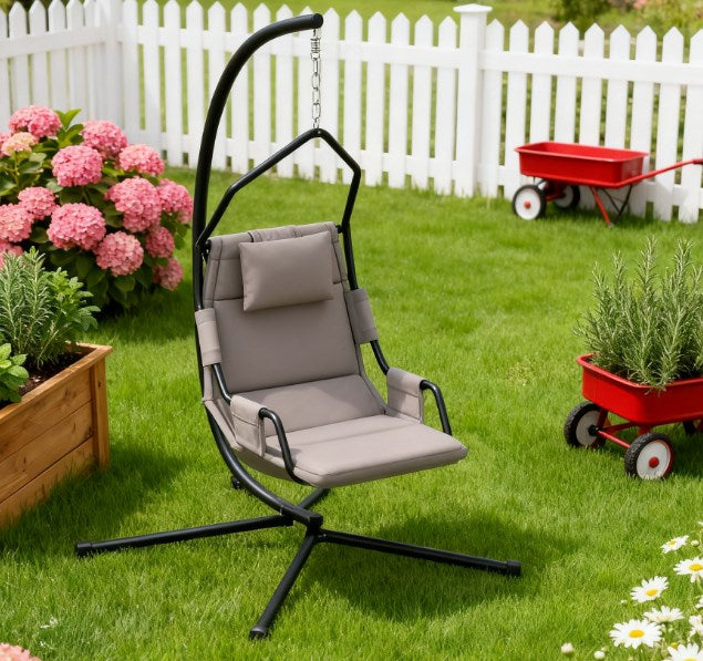 Hanging Swing Chair with Stand and Cushion - Black & Grey