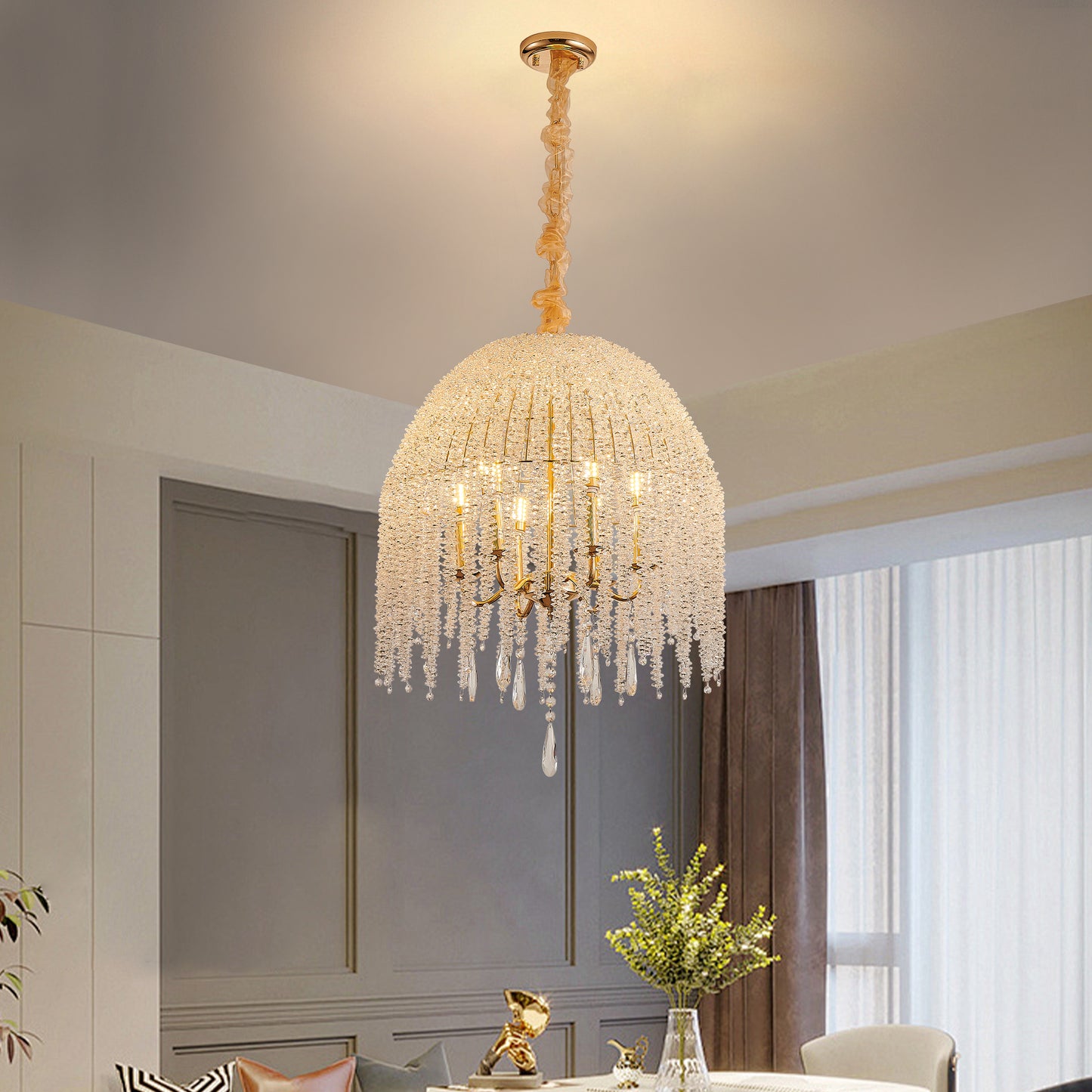 20-Inch K9 Crystal Pendant Light Chandelier - Waterfall Design in Gold
