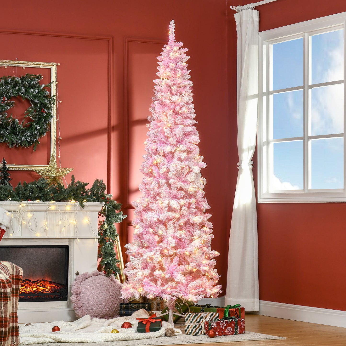 7.5ft Prelit Snow Flocked Pink Pencil Christmas Tree with LED Lights