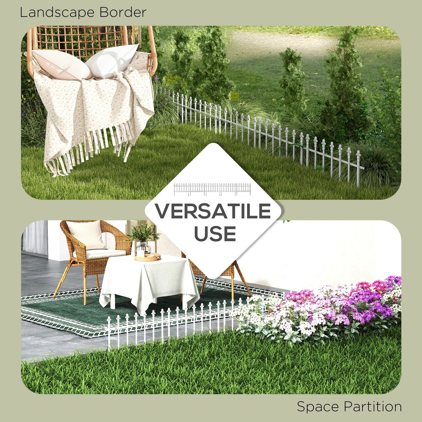 Decorative Steel Garden Fence Panels - 5 Pack, White, 110.25" L