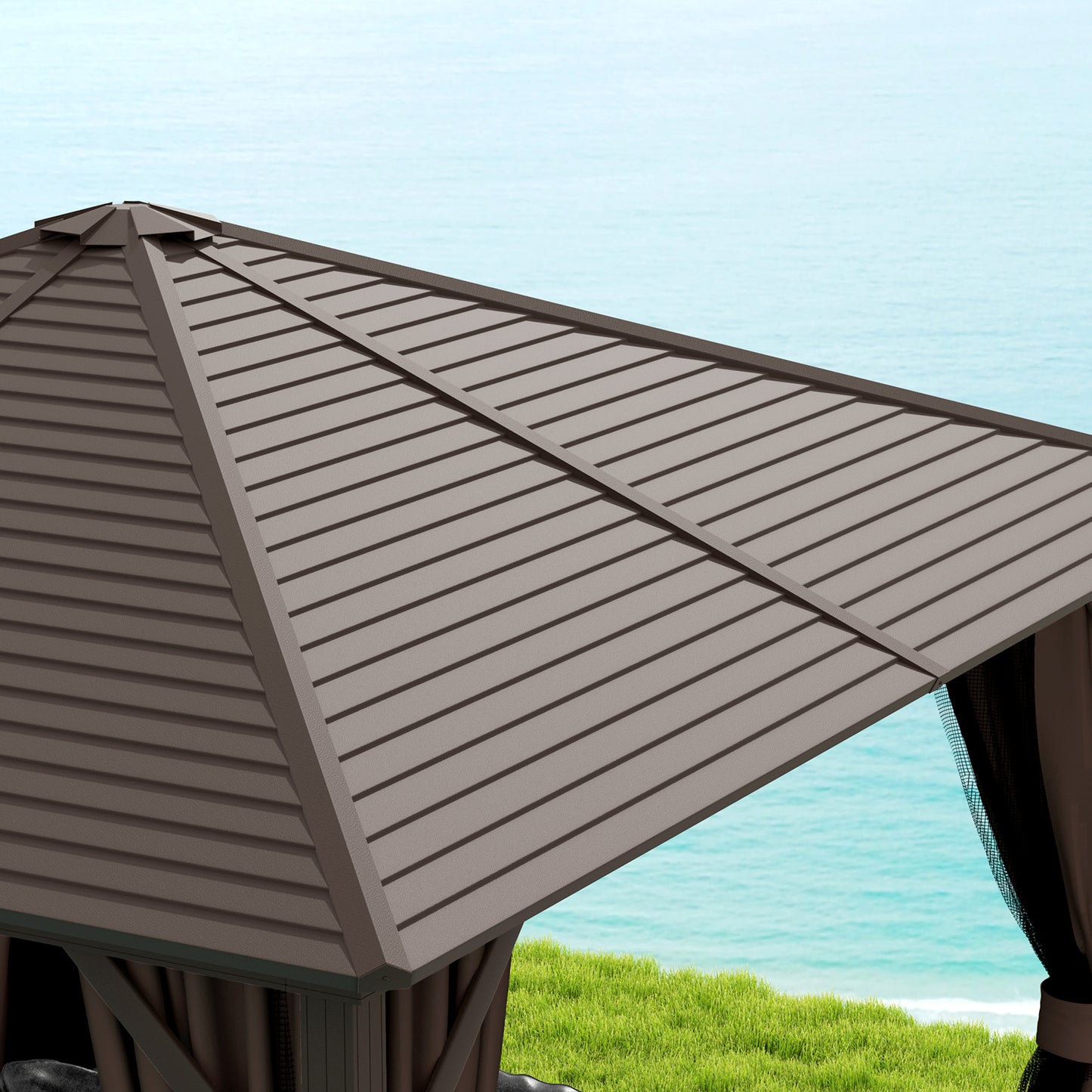 10x10 Aluminum Hardtop Gazebo Canopy with Curtains & Hook - Brown